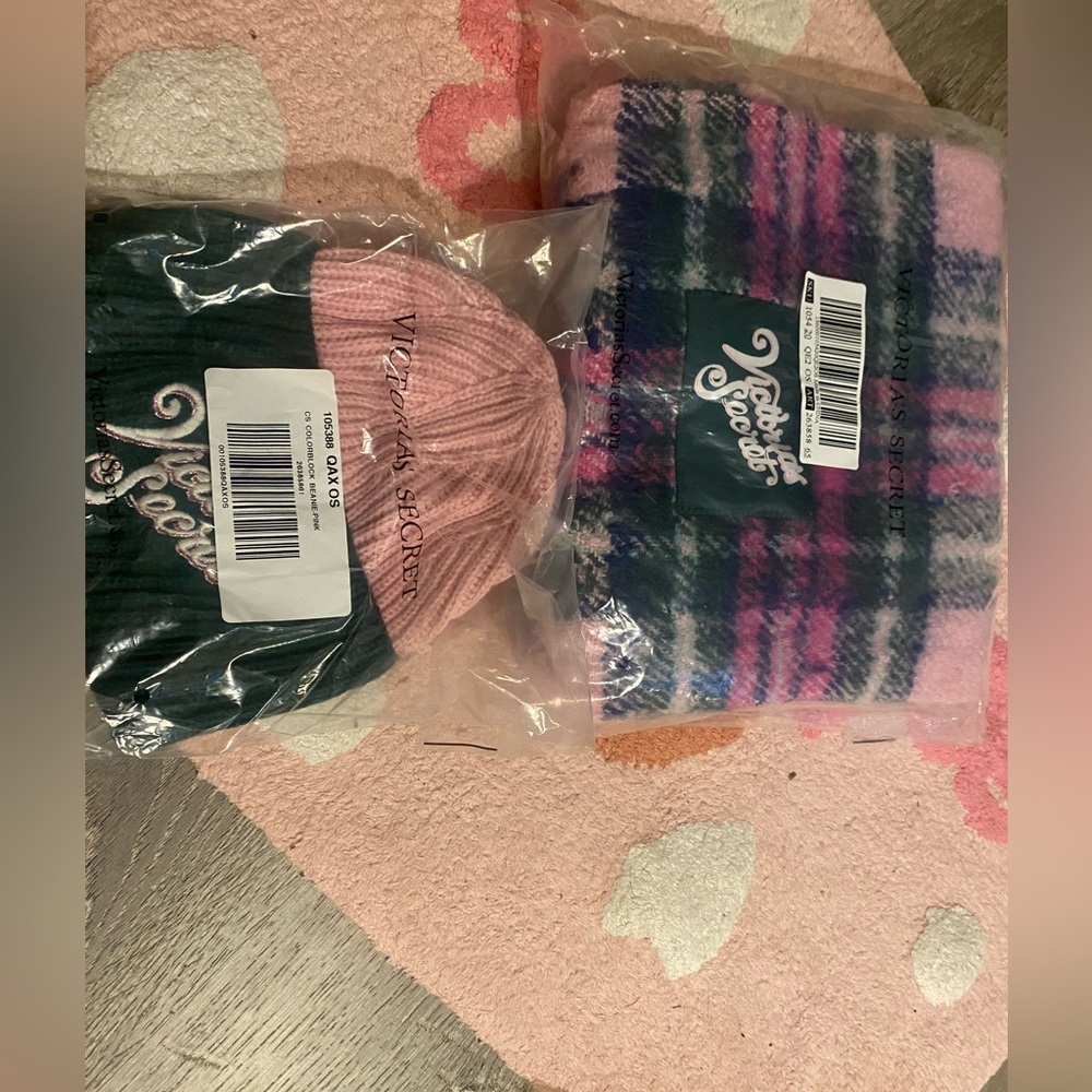 Victoria's Secret Pink and Black Beanie and Plaid Scarf Set